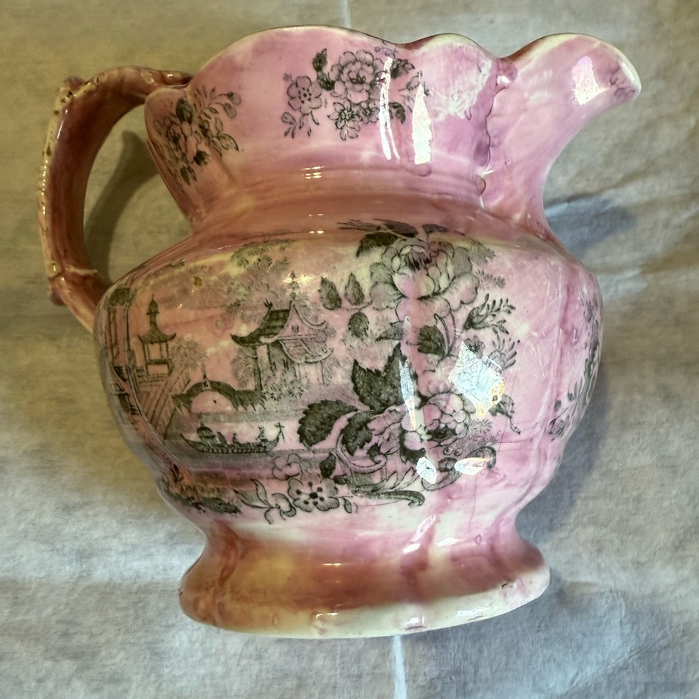 19th-century Rare Pink Sunderland Lustre Jug With Chinese Print
